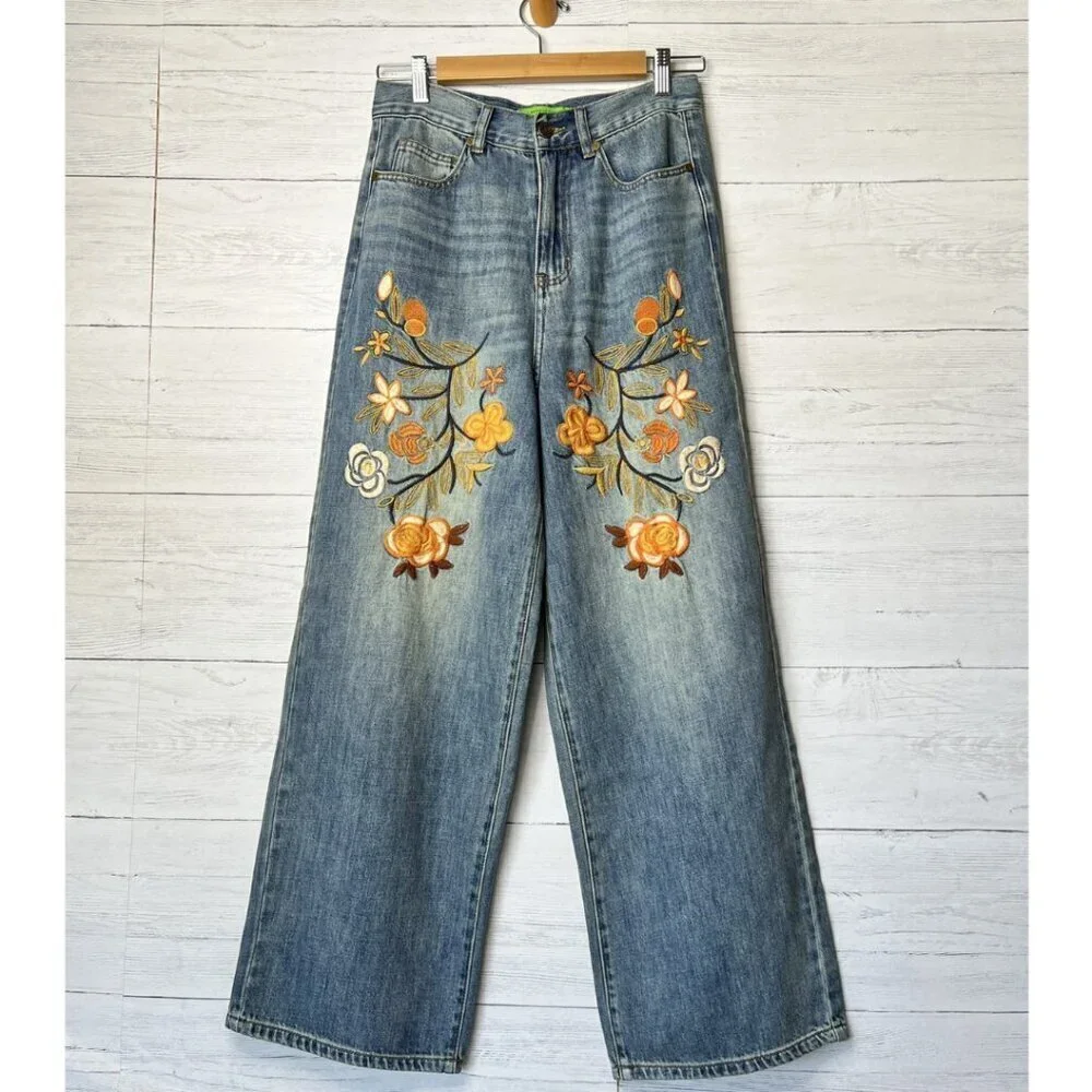 Sandrine Rose Jeans Womens Size 25 Floral Embroidered Wide Leg 100% Cotton